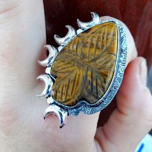 New Witchy Carved Tiger Eye Arrowhead Multi Horned Crescent Moon 925 Silver Ring